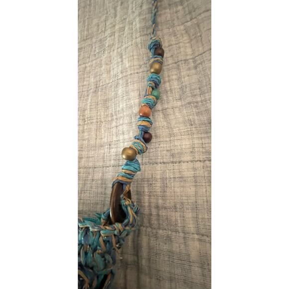 Capelli - Straw Crossbody Purse - Brown Beaded Strap - Blue Metallic - EUC - Picture 5 of 6